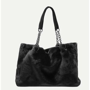 Black Faux Fur Shoulder Bag with Chain Strap Y2K Chic
